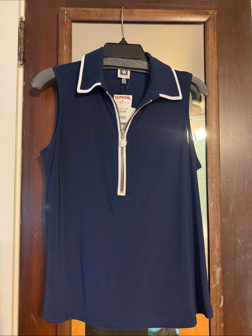 Anne Klein Navy Sleeveless Polo Top with White Trim